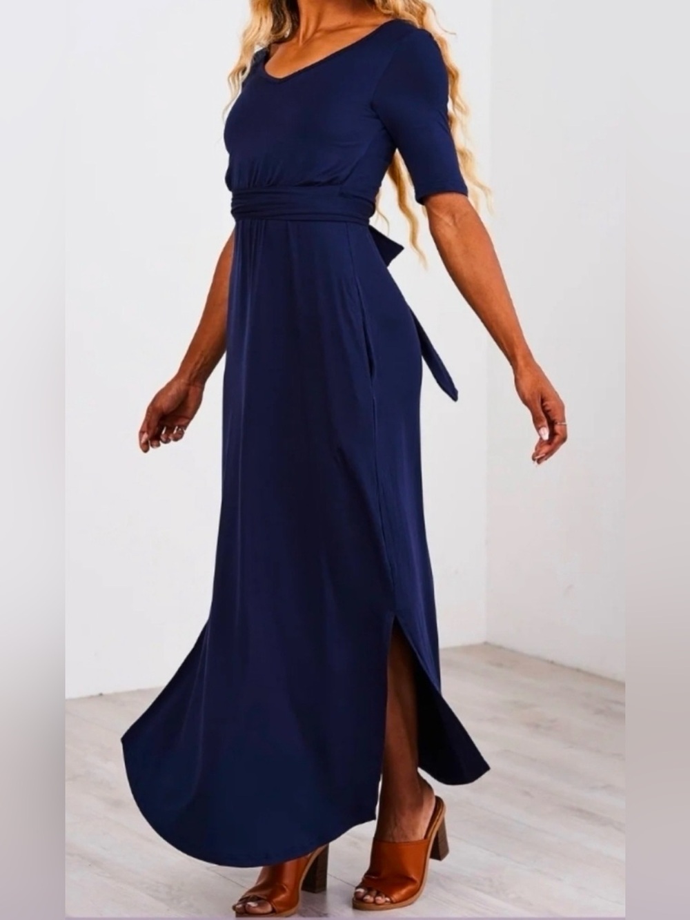 Latched Mama Navy Blue Maxi Dress with Side Slit